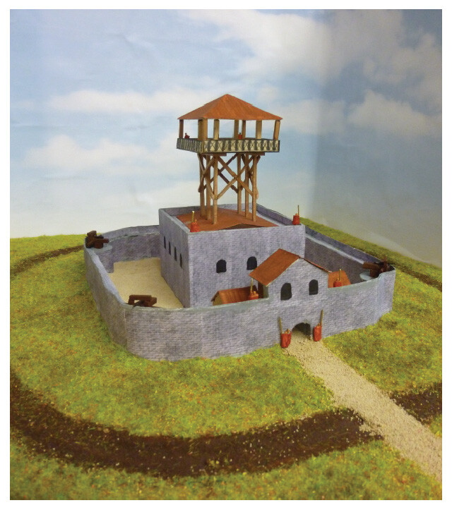 Reconstructed model showing a timber tower and courtyard barracks from the Anglo-Saxon period, based on sites at Goldsborough and Huntcliff.