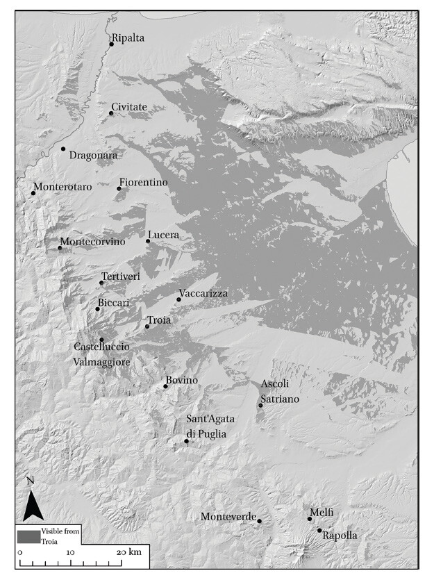 Viewshed map centred on Troia, highlighting areas visible from the site.