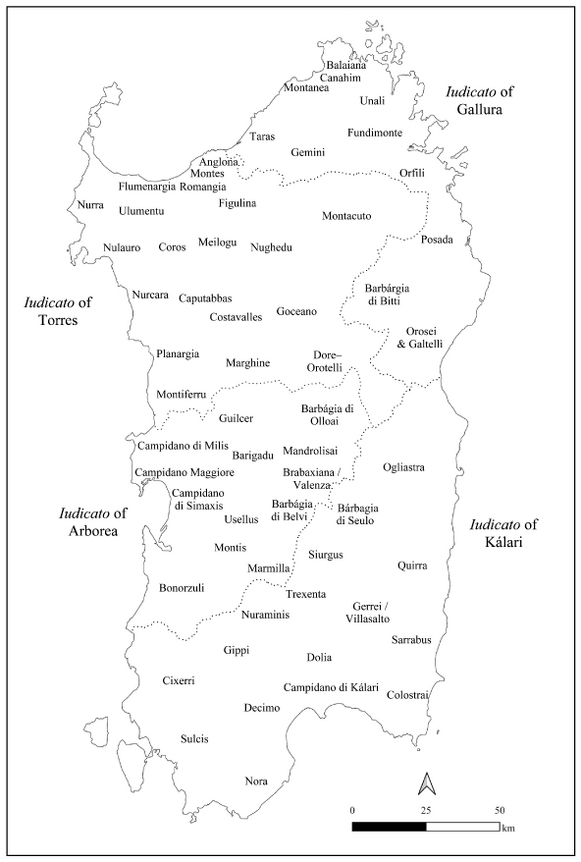 A map showing the locations of administrative districts called curatorías within the four realms of medieval Sardinia.