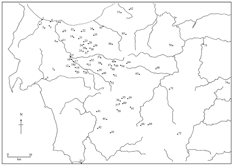 A map showing places in Sardinia that are mentioned in the medieval record book of San Pietro di Silki
