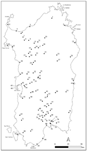 A map showing the main towns and villages of medieval Sardinia.