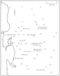 A map showing places in Sardinia that are mentioned in the medieval record book of Bonárcado.