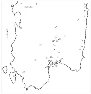 A map showing places in Sardinia that are mentioned in the medieval charters known as the Carte volgari.