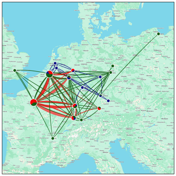 Plays by Gnapheus in green, Crocus’s Joseph in red, Macropedius’s drama in blue