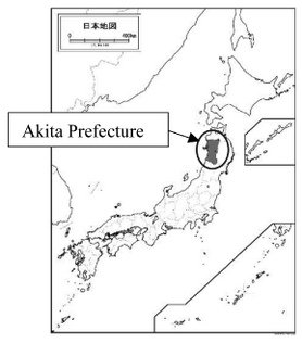 Map showing the location of Akita Prefecture in the Tohoku region of northeastern Japan.