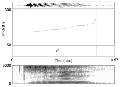 Spectrogram and pitch curve of Type R one-syllable word, showing rising pitch within the syllable.