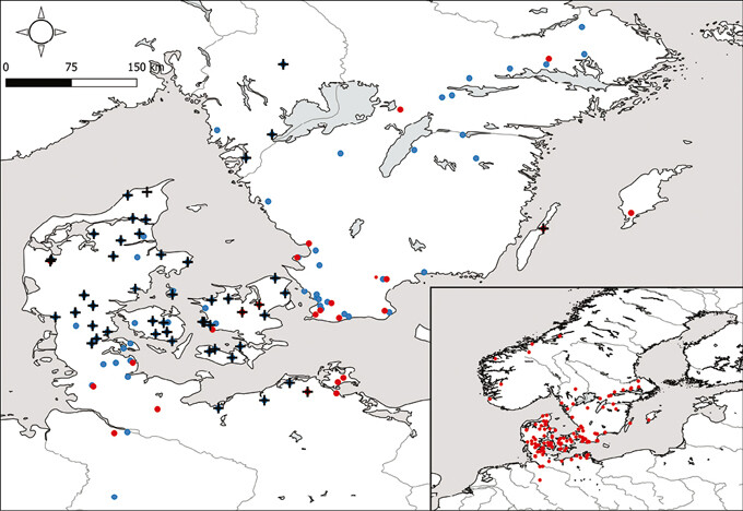 Distribution of the shafthole axes in Northern Europe. Crosses indicate axes that have been examined through chemical and isotopic analyses.