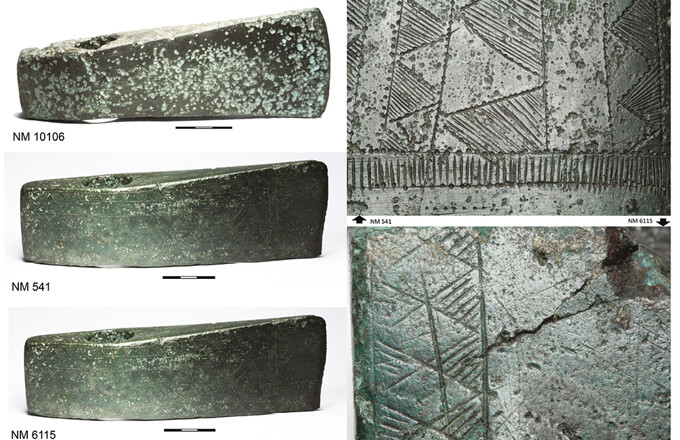 Decoration on the shafthole axes is applied post-casting, as can be seen on the three axes from the collection of the Danish National Museum in Copenhagen. A: Three investigated axes from Juellinge, Maribo Amt (NM B10106) and unknown find locations in Denmark (NM 541 & NM 6115). B: Example of the overlap in the geometric decoration on the two axes with unknown find locations NM 541 (top) and NM 6115 (bottom).