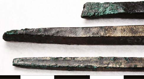 Tools from a hoard found in Annebjerg Skov near Nykøbing Sjælland, Denmark, dated to the Nordic Bronze Age II.