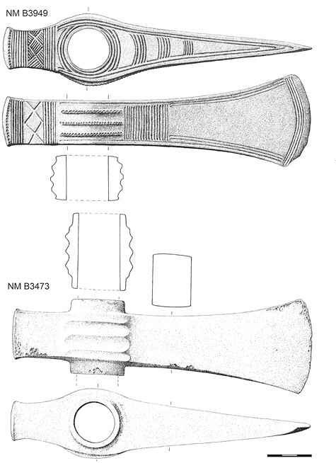 Valsømagle-type axes are characterised by their sculpted shape and an extended shafthole. Geometric decoration applied post-casting is rare, while protruding decorative elements appear more often. The two axes displayed are from the eponymous Valsømagle hoard I.