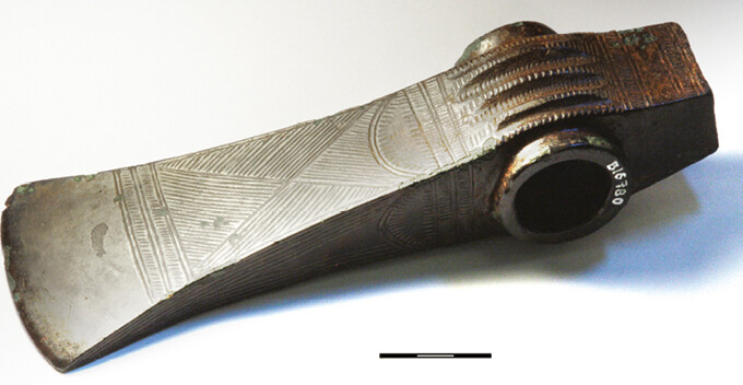 Decorated Valsømagle-type shafthole axe from Engemarken, Roskilde, Copenhagen municipality (B16780). Excluding the Valsømagle hoard itself, geometric decoration on Valsømagle-type axes is rare; the axe from Engemarken is one of the few examples exhibiting such decoration.