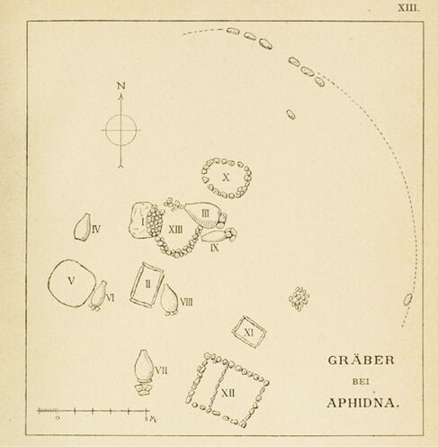 Wideâs plan of the tumulus with the 13 excavated graves.