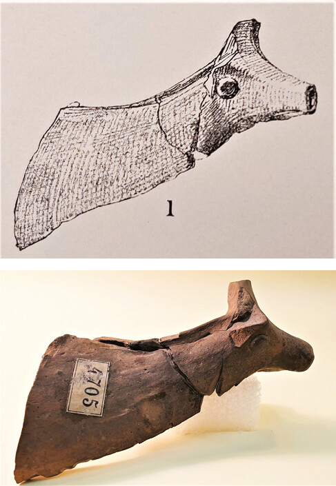 A: Wideâs drawing of the âRindkopfâ. After Wide 1896, Pl. 15.1. B: The same fragment (NAM P4705) photographed in 2021.