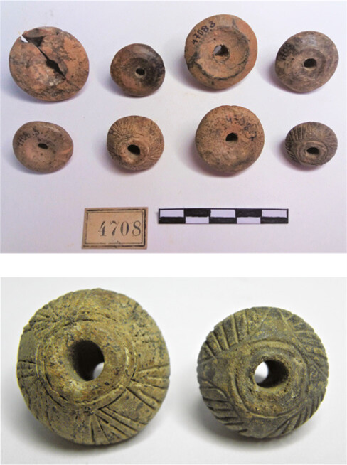 A: Spindle whorls (NAM P4708.1â8), of which six come from Shaft Grave I. Of the other two, one was found in the fill next to the âRindkopfâ (Figs. 6â7) and one in Pithos Grave IV. B: Close-up photo of the engraved spindle whorls.
