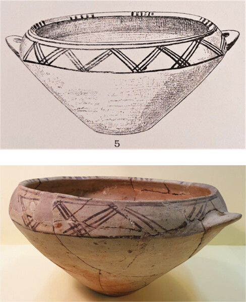 A: Matt painted bowl from Pithos Grave III, height 20 cm, width 34 cm. After Wide 1896, Pl. 15,5. B: Photo of the same bowl (NAM P4700).