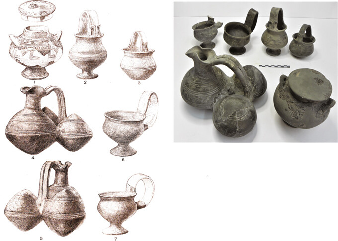A: Wideâs drawing in AM 21, 1896, Pl. 14,1â7. B: Photo of the pottery assembly shown in Wide 1896, Pl. 14. These vessels â four small ones in the upper row from left (NAM P4693, P4694, P4697 and P4696), the multiple vessel (NAM 4695) and the footed spherical pyxis (NAM 10749) were discovered inside Pithos Grave III and near the opening of the ceramic coffin. All are well-preserved and stored at the NAM.