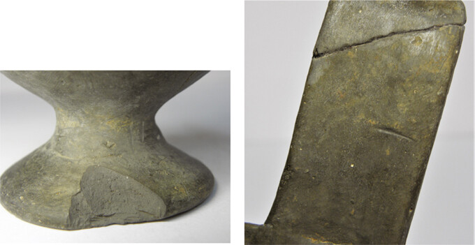 A: Detail of the foot of the small drinking vessel (NAM P4697) with incisions. Is it an intentional mark â a so-called potterâs mark on the stem? An added small lump on the stem to the left on the photo seems to be the potterâs unsuccessful attempt to improve the balance (cf. Fig. 23). B: Can the nail stripe on the handle of the other drinking vessel (NAM P4696) be an intentional potterâs mark?