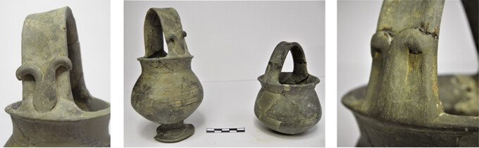 The small jars (NAM P4693 & 4694) from Pithos Grave III showing details of the decorations on the basket handles.