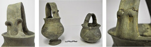 The small jars (NAM P4693 & 4694) from Pithos Grave III showing details of the decorations on the basket handles.