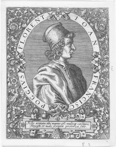 Theodor de Bry’s portrait of Poggio Bracciolini, with an inscription that claims that Poggio’s “hand is armed with bile” from Jean Jacques Boissard, Icones virorum illustrium doctrina (Frankfurt am Main: De Bry, 1597–1599)