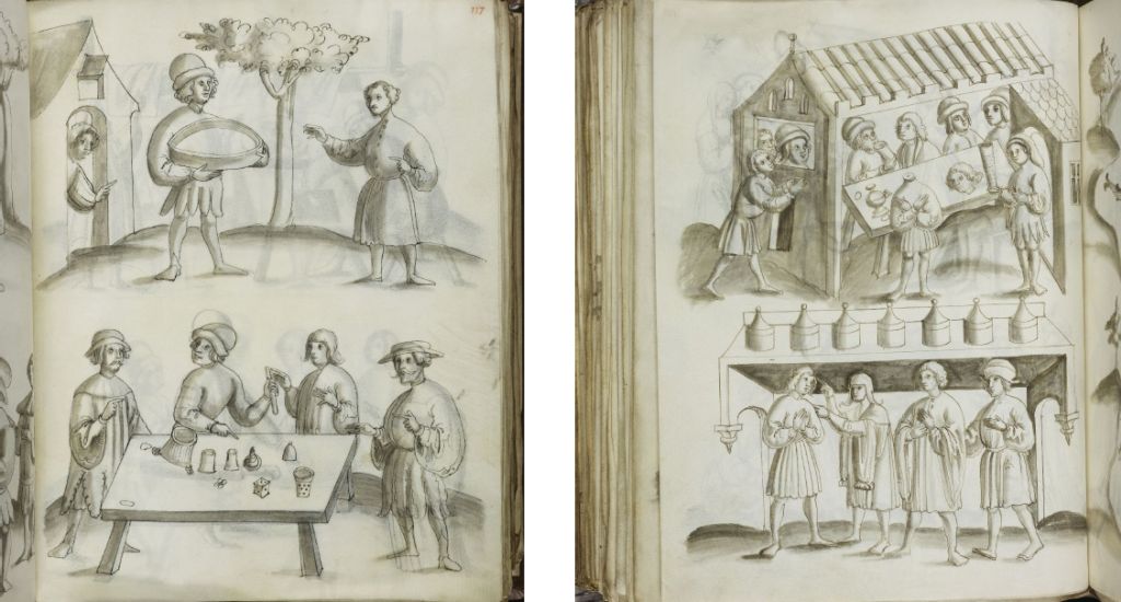 Zeichnungen mit Tinte in einem Buch. Auf der oberen Hälfte sehen wir einen Handwerker mit einem groÃen untiefen Korb. Er zeigt diesen einem Reichen. Der Reiche deutet mit Besorgnis auf den Korb. Aus einem Haus im Hintergrund schaut die Frau vom Handwerker ebenfalls mit Besorgnis zu. Auf der unteren Hälfte sehen wir einen Tisch mit einem Hütchenspieler und seinem Publikum. Auf dem Tisch sind mehrere Becher. Sie haben unterschiedliche GröÃen und Formen. Einer davon hat ein auffälliges ÃuÃeres. Der Hütchenspieler deutet darauf. Das Publikum zeigt sich erstaunt.