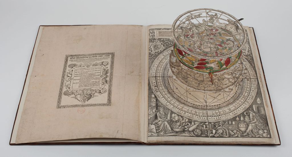 Foto von einem Astrologiebuch. Es liegt offen auf dem Tisch. Die linke Seite zeigt mittig ein kleiner Rahmen mit einer Anleitung. Die rechte Seite zeigt eine sehr fein unterteilte Karte der Himmelsrichtungen. Rund um die Karte sind Illustrationen von Alchimisten. Auf der Karte liegen drei runde Drehscheiben aus Papier. Die Scheiben enthalten detaillierte illustrationen von Sternzeichen. Die Räume zwischen den Sternzeichen sind ausgeschnitten, um von oben den Blick auf niedrigeren Schichten zu ermöglichen. Die zweite Scheibe ist rot, grün und gelb gefärbt. Für das Foto wurden die Scheiben auf durchsichtigen Kunststoffplattformen platziert.