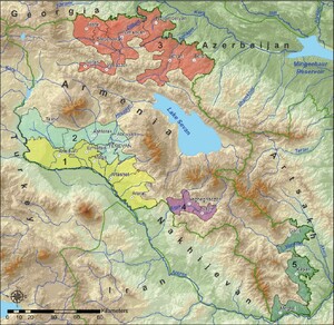 Map of main viticulture regions within the Republic of Armenia: (1) Ararat Plain; (2) foothills of the Ararat depression; (3) northeastern region; (4) Vayots Dzor region; (5) Syunik (Zangezur) region (source: Dallakyan et al., 2020).