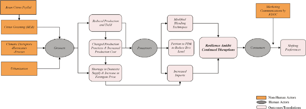 Translation processes between human and non-human actors. Source: Authors.