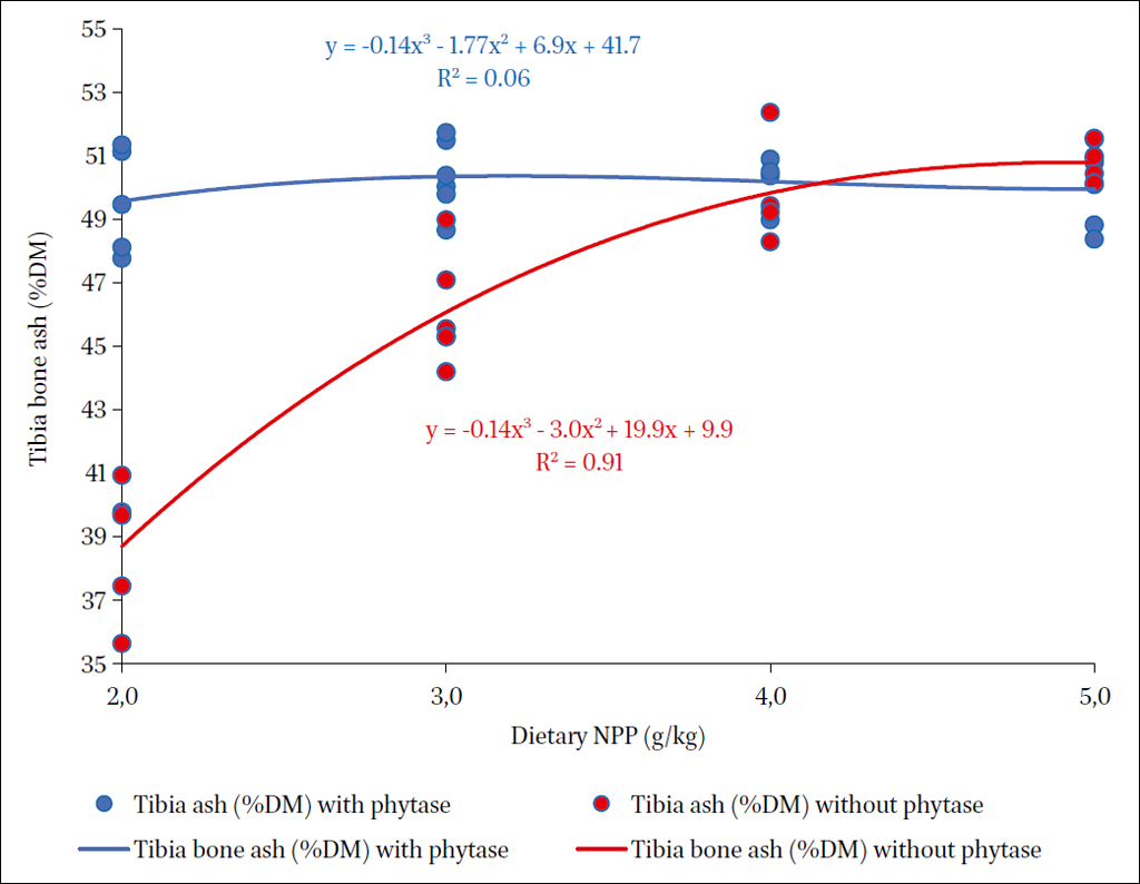 Correlation scatter plat of dietary NPP concentrations and percentage tibia bone ash content of birds fed diets with or without phytase supplementation at day 21; Experiment 1