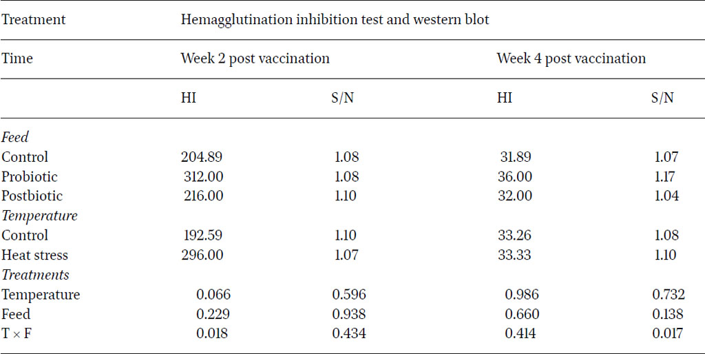 Haemagglutination inhibition titres and S/N ratios of western blotting of bird sera under different temperature and feed parameters during five months of experimental period