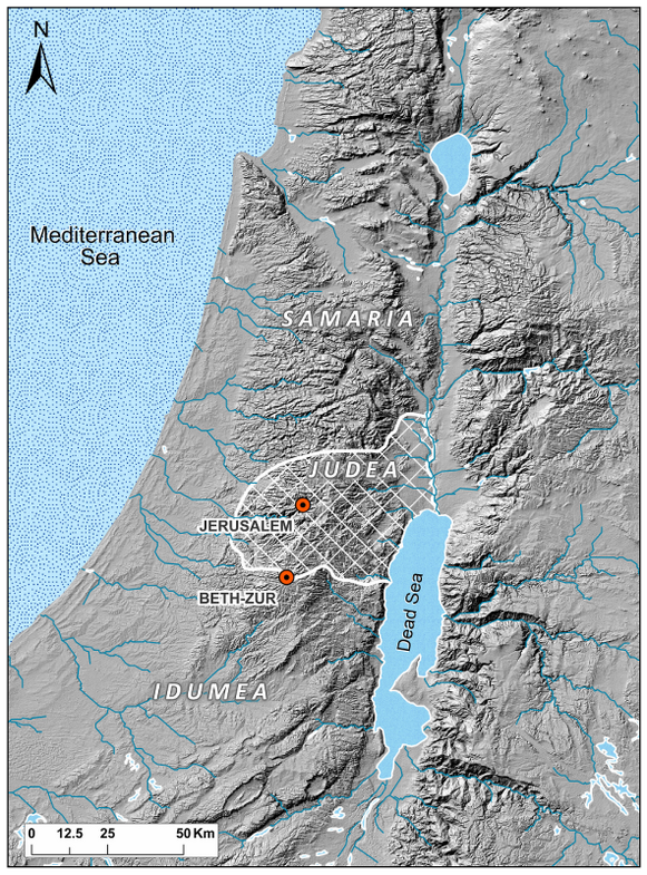Figure 1: Ancient Judea and environs in the 160s BCE: approximate boundary of Judea reconstructed by the author