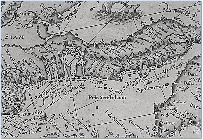 Extended southern Eastern Indian Ocean Straits of Melaka passageway (Van Linschoten 1596) (Melaka on the southwest coast of the Malay Peninsula across from northwest Sumatra)