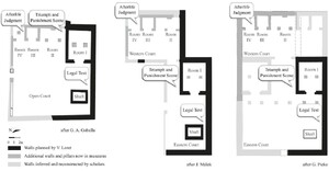 Differing interpretations of the layout of the Tomb Chapel of Mose after G.A. Gaballa (1977), J. Málek (1981) and G. Pieke (2016). Labels give general indications of the walls where given features were represented according to these three scholars, and do not serve as pinpoints of specific locations.