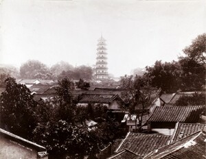 Guangzhou pagoda and neighbourhood hidden among greenery, 1870